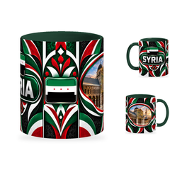 Syria Mug – 320ml with dark green handle, showing the centered flag view plus companion country-name and landmark views of the glossy full-wrap design by Fann Bliss.