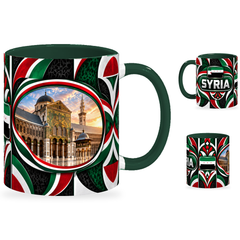 Syria Mug – 320ml with dark green handle, showing the landmark side plus companion country-name and centered-flag views of the glossy full-wrap design by Fann Bliss.