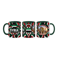 Syria Mug – 320ml with dark green handle, shown in three matching angles of the glossy full-wrap design by Fann Bliss.