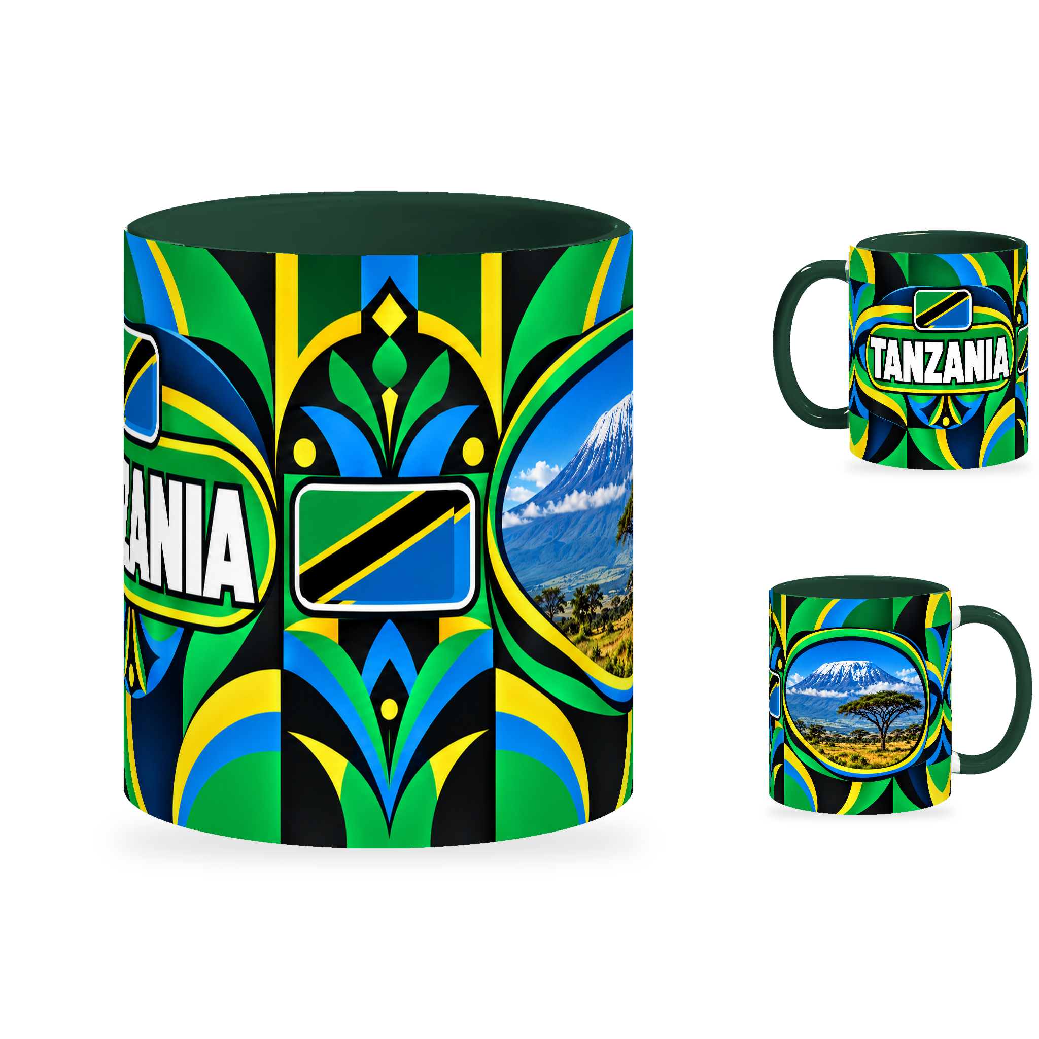Tanzania Mug – 320ml with dark green handle, showing the centered flag view plus companion country-name and landmark views of the glossy full-wrap design by Fann Bliss.