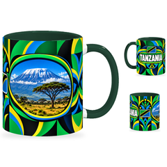 Tanzania Mug – 320ml with dark green handle, showing the landmark side plus companion country-name and centered-flag views of the glossy full-wrap design by Fann Bliss.
