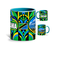 Tanzania Mug Teal – 320ml with teal handle, showing the centered flag view plus companion country-name and landmark views of the glossy full-wrap design by Fann Bliss.