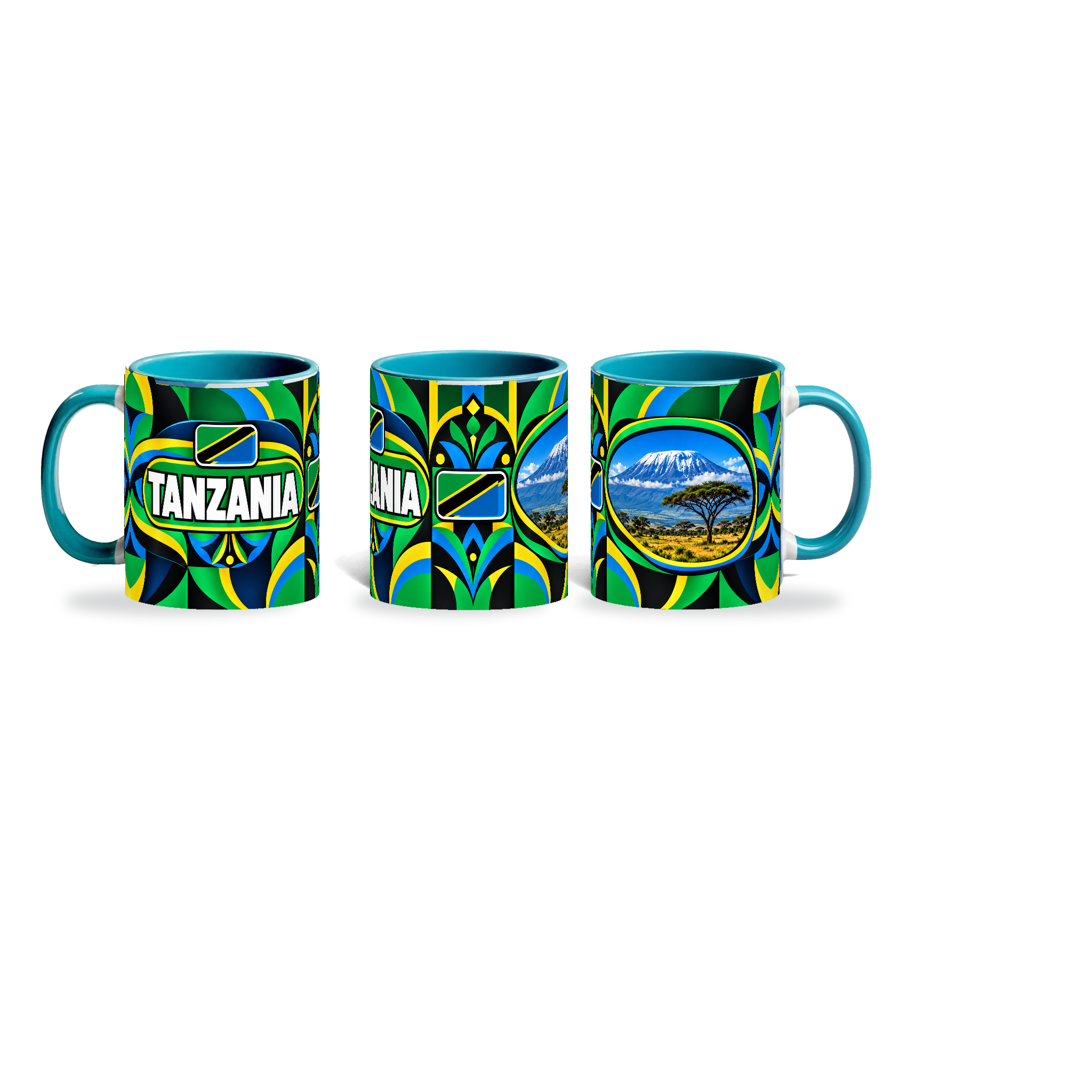 Tanzania Mug Teal – 320ml with teal handle, shown in three matching angles of the glossy full-wrap design by Fann Bliss.