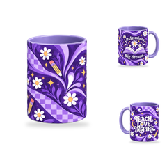 Light purple teacher mug, daisy and pencil centre pattern with both quote sides