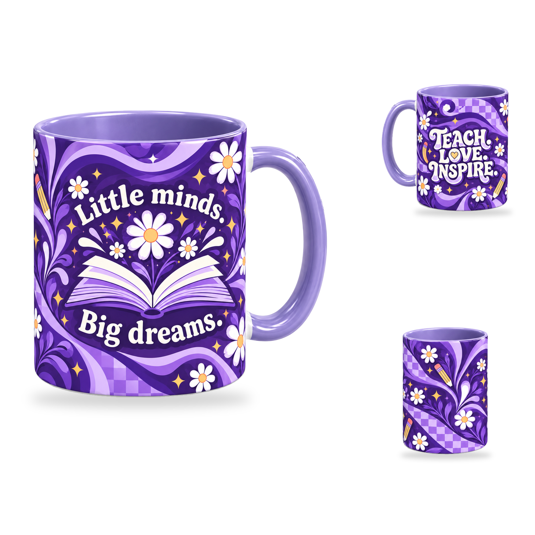 Light purple teacher mug, Little Minds Big Dreams side with opposite and centre views