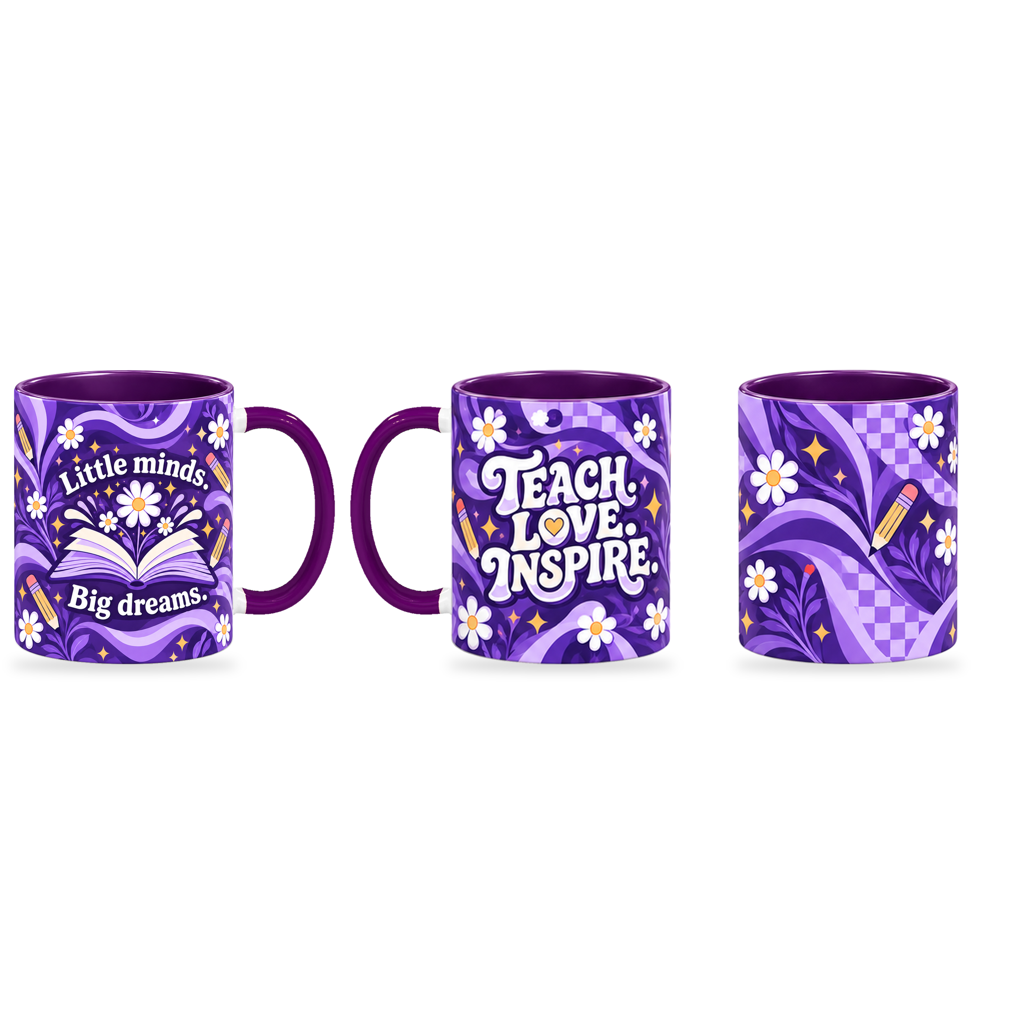 Teach Love Inspire Mug – 320ml — right, left and front views together on a transparent background