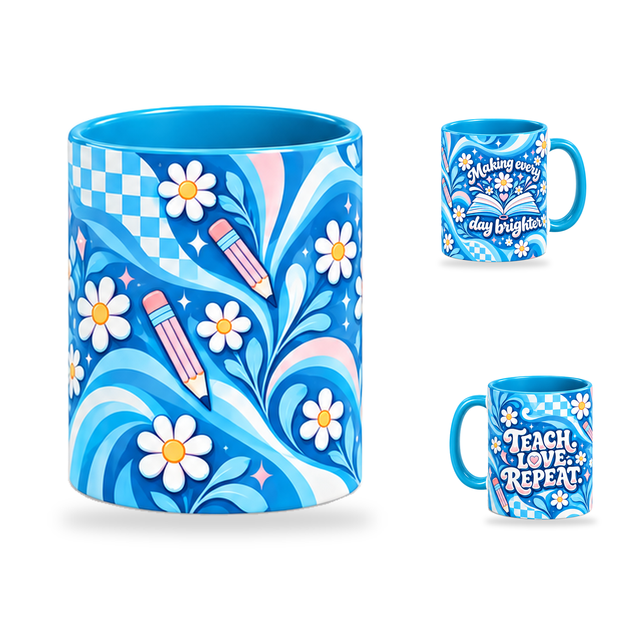 Teach Love Repeat Mug – 320ml, Light Blue ceramic mug, centre-pattern of the Teacher’s Day artwork