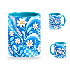 Teach Love Repeat Mug – 320ml, Teal ceramic mug, centre-pattern of the Teacher’s Day artwork