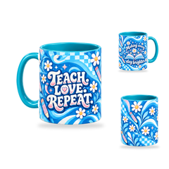 Teach Love Repeat Mug – 320ml, Teal ceramic mug, opposite-side of the Teacher’s Day artwork