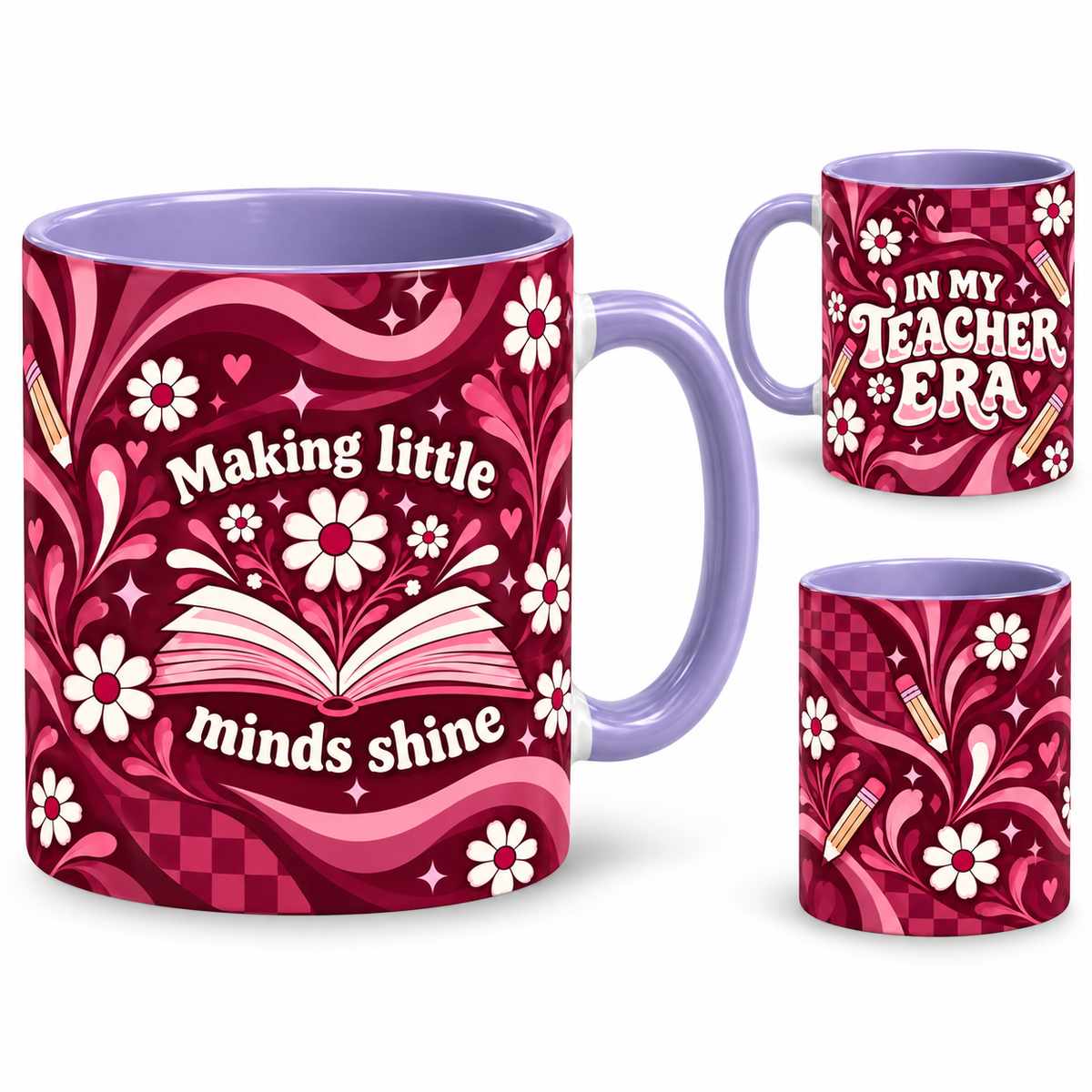 Teacher Era Mug – 320ml, light purple ceramic mug, views of the full-wrap Teacher’s Day design