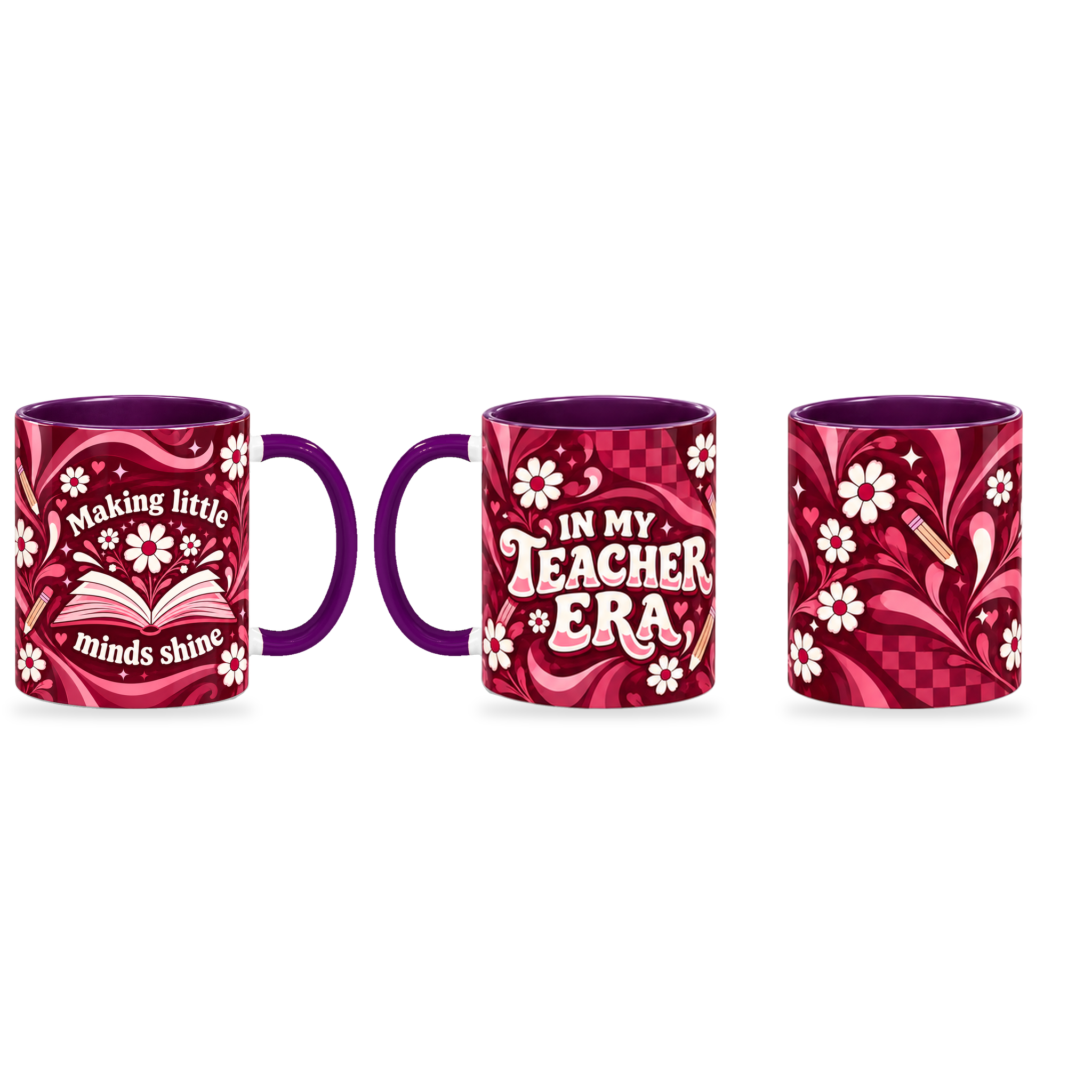 Teacher Era Mug – 320ml — right, left and front views together on a transparent background