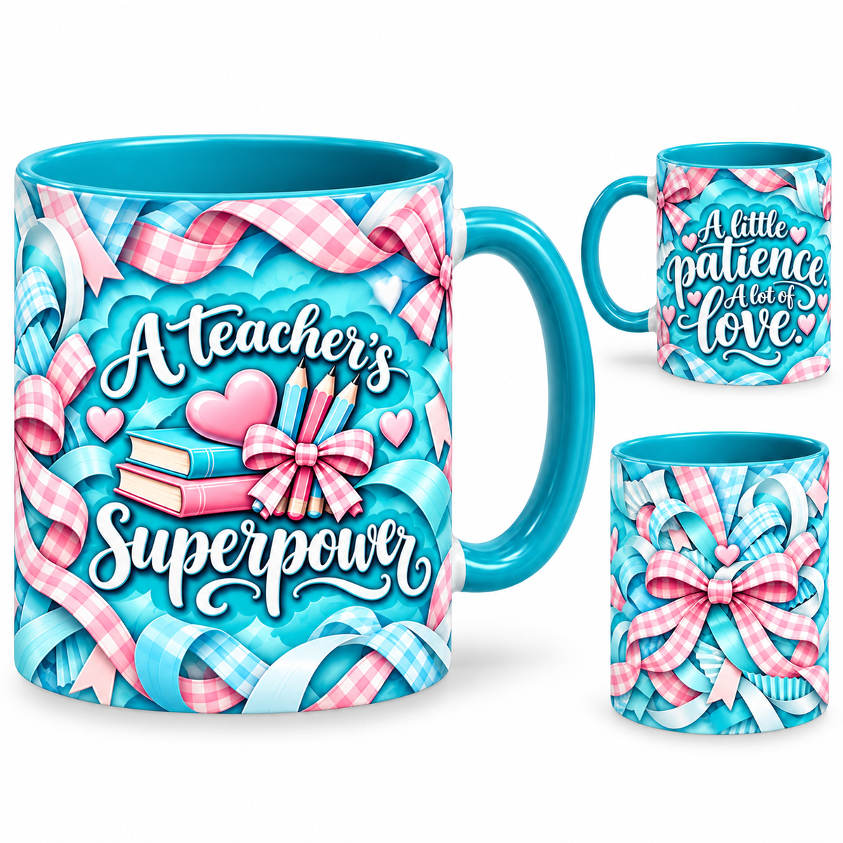Teacher Superpower Mug – 320ml, teal ceramic mug, views of the full-wrap Teacher’s Day design