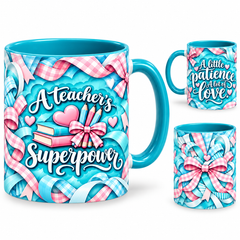 Teacher Superpower Mug – 320ml, teal ceramic mug, views of the full-wrap Teacher’s Day design
