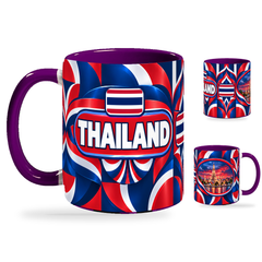 Thailand Mug Purple – 320ml with purple handle, showing the country-name side plus companion centered-flag and landmark views of the glossy full-wrap design by Fann Bliss.