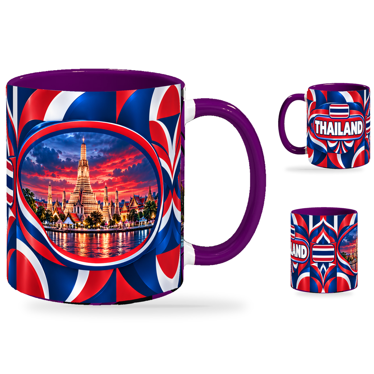 Thailand Mug Purple – 320ml with purple handle, showing the landmark side plus companion country-name and centered-flag views of the glossy full-wrap design by Fann Bliss.