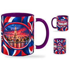 Thailand Mug Purple – 320ml with purple handle, showing the landmark side plus companion country-name and centered-flag views of the glossy full-wrap design by Fann Bliss.