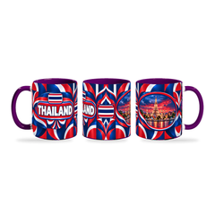 Thailand Mug Purple – 320ml with purple handle, shown in three matching angles of the glossy full-wrap design by Fann Bliss.