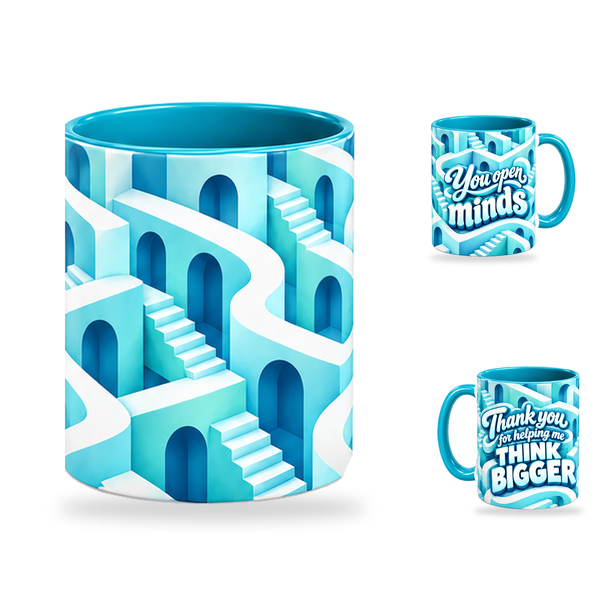 Think Bigger Mug – 320ml, Teal ceramic mug, centre-pattern of the Teacher’s Day artwork