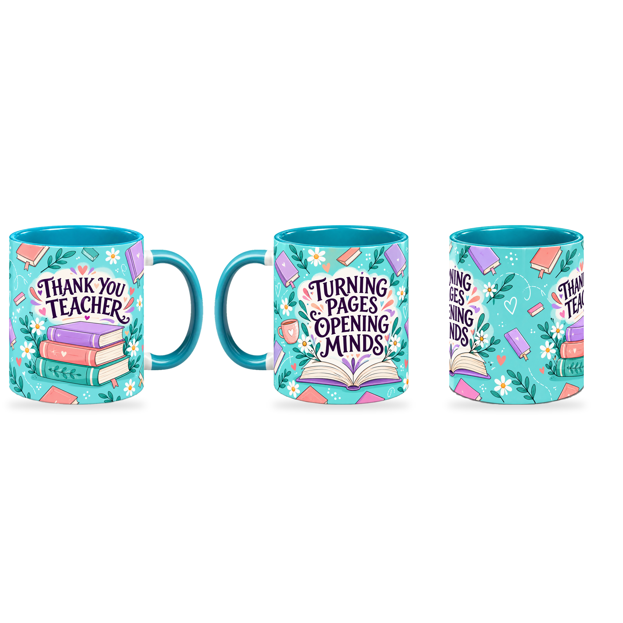 Tiffany Book Club Teacher Mug – 320ml — right, left and front views together on a transparent background
