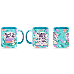 Tiffany Book Club Teacher Mug – 320ml — right, left and front views together on a transparent background