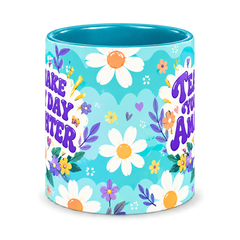 Tiffany Daisy Sunshine Teacher Mug, teal – centre view of the full-wrap pattern