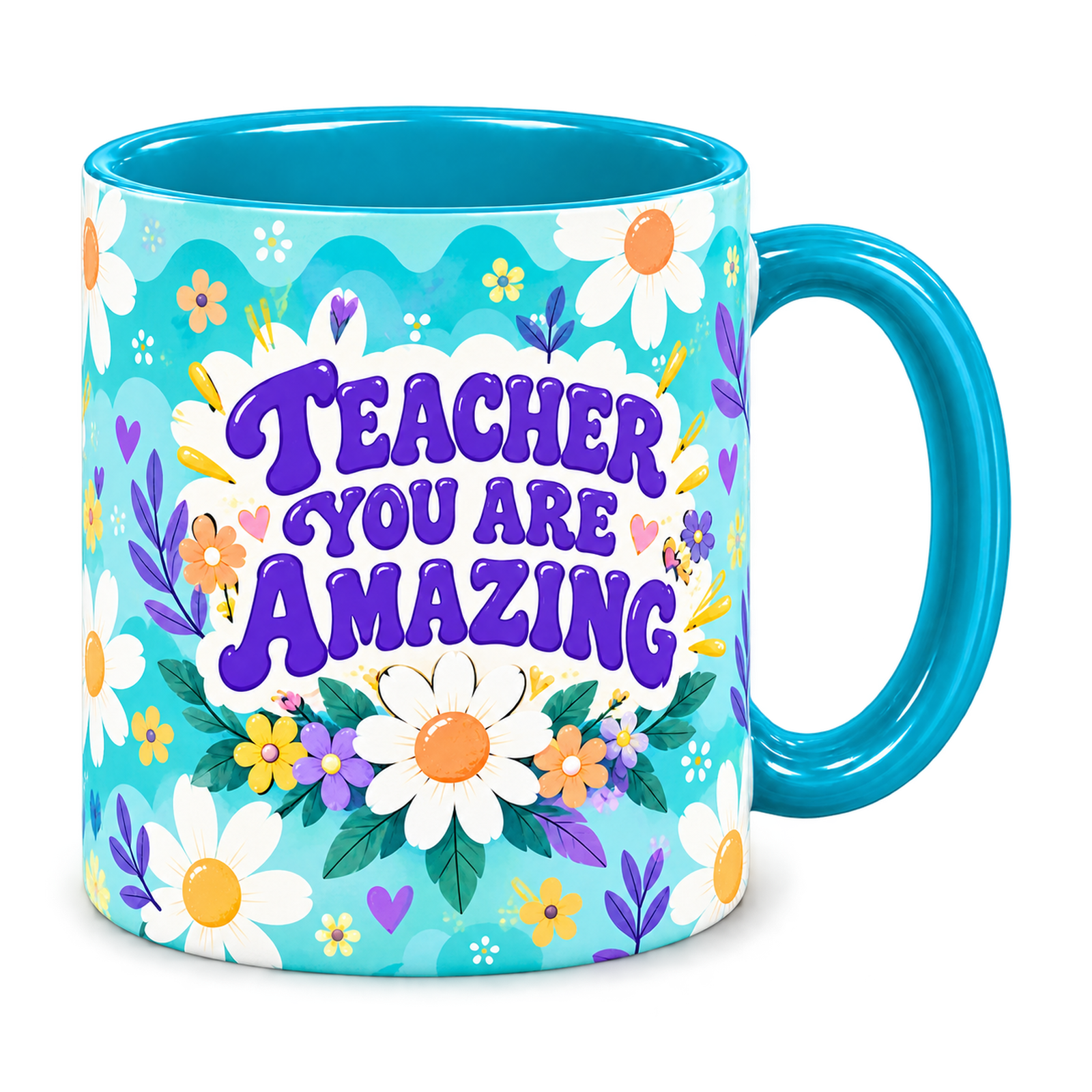 Tiffany Daisy Sunshine Teacher Mug, teal – handle on the right, TEACHER YOU ARE AMAZING