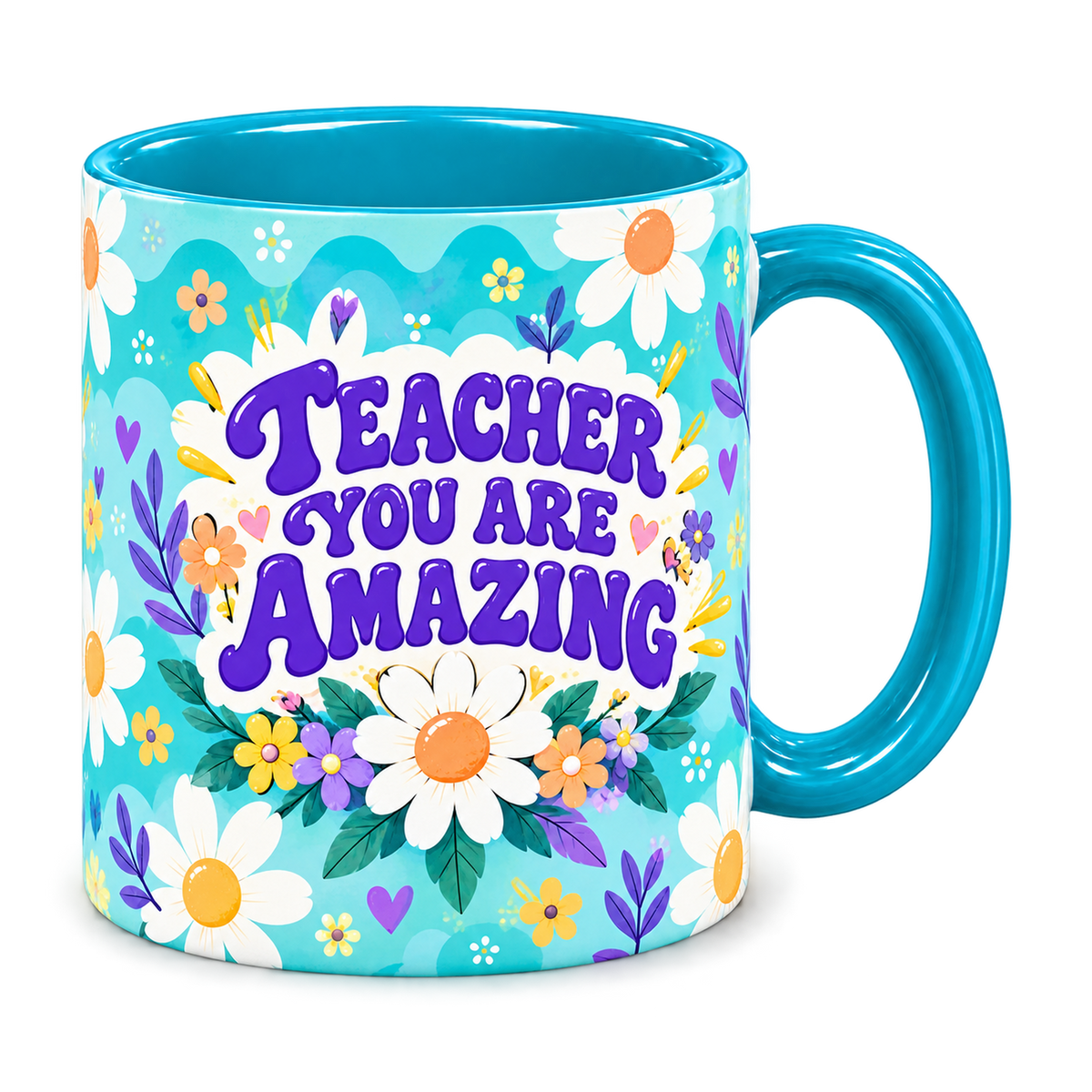 Tiffany Daisy Sunshine Teacher Mug, teal – handle on the right, TEACHER YOU ARE AMAZING