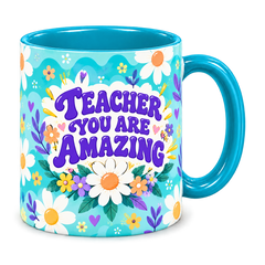 Tiffany Daisy Sunshine Teacher Mug, teal – handle on the right, TEACHER YOU ARE AMAZING