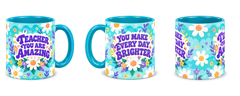 Tiffany Daisy Sunshine Teacher Mug, teal – right, left and centre views side by side