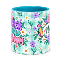 Tiffany Gingham Garden Teacher Mug, teal – centre view of the full-wrap pattern