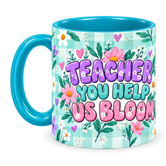 Tiffany Gingham Garden Teacher Mug, teal – handle on the left, TEACHER YOU HELP US BLOOM