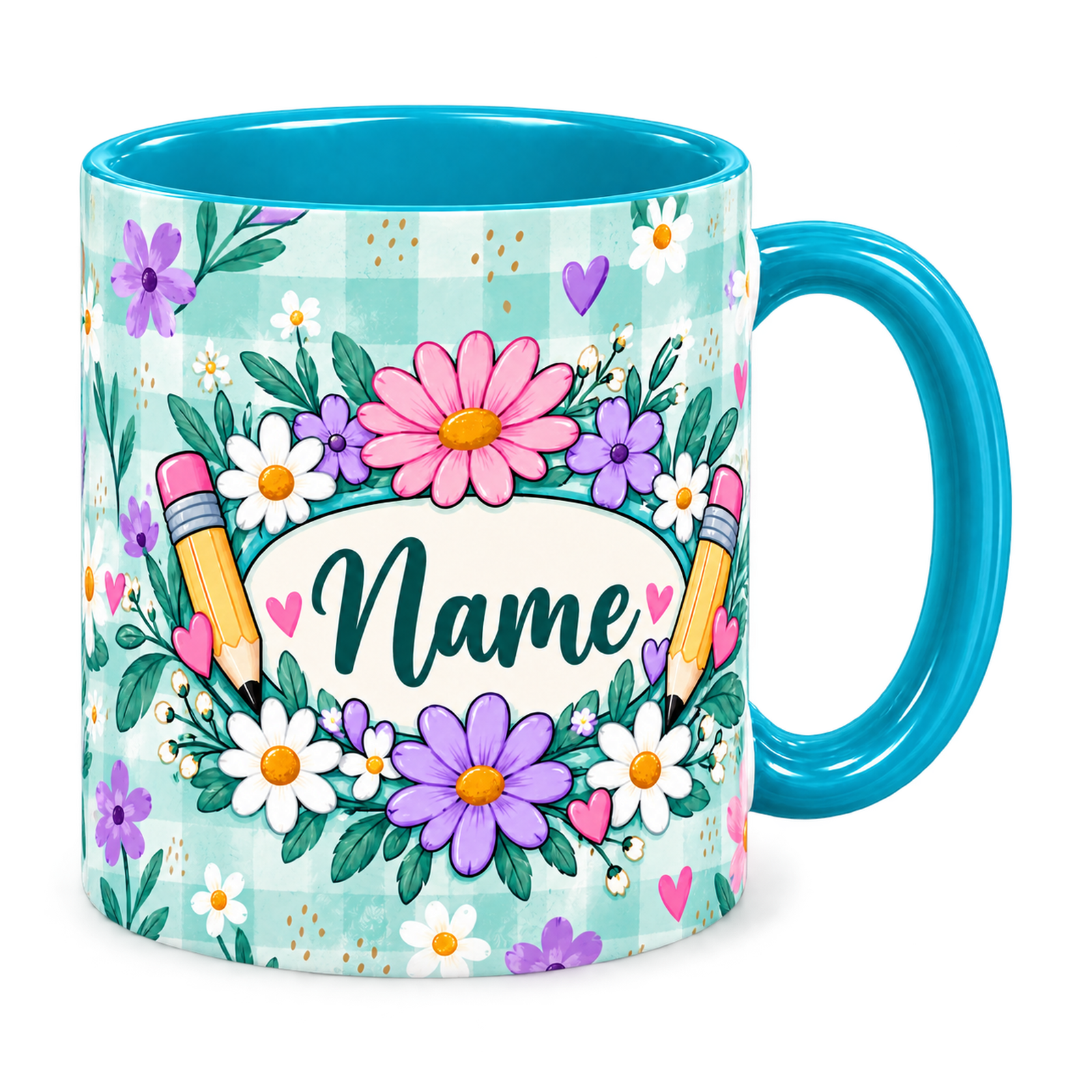 Tiffany Gingham Garden Teacher Mug, teal – handle on the right, Name
