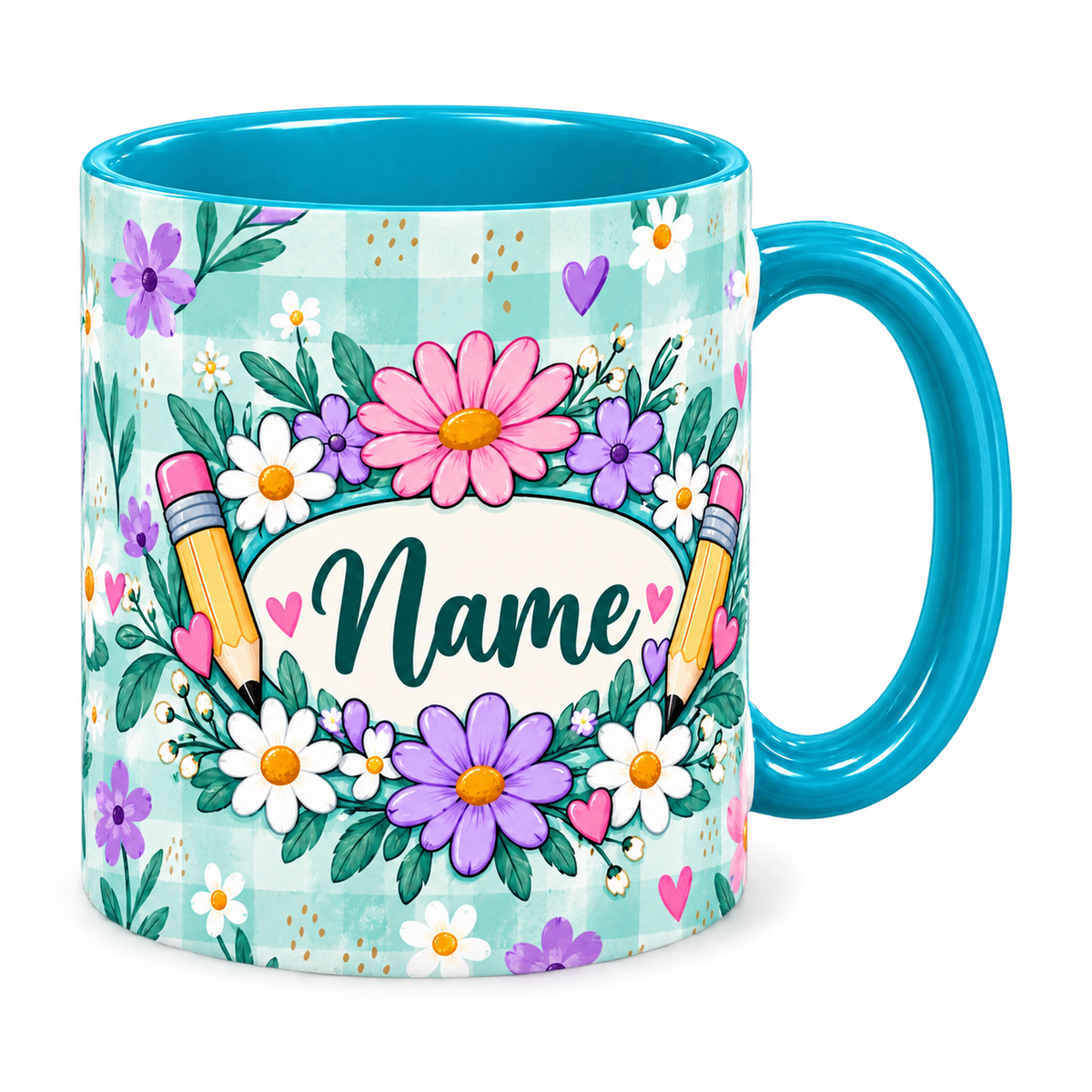 Tiffany Gingham Garden Teacher Mug, teal – handle on the right, Name