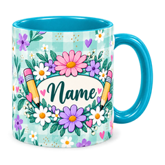 Tiffany Gingham Garden Teacher Mug, teal – handle on the right, Name