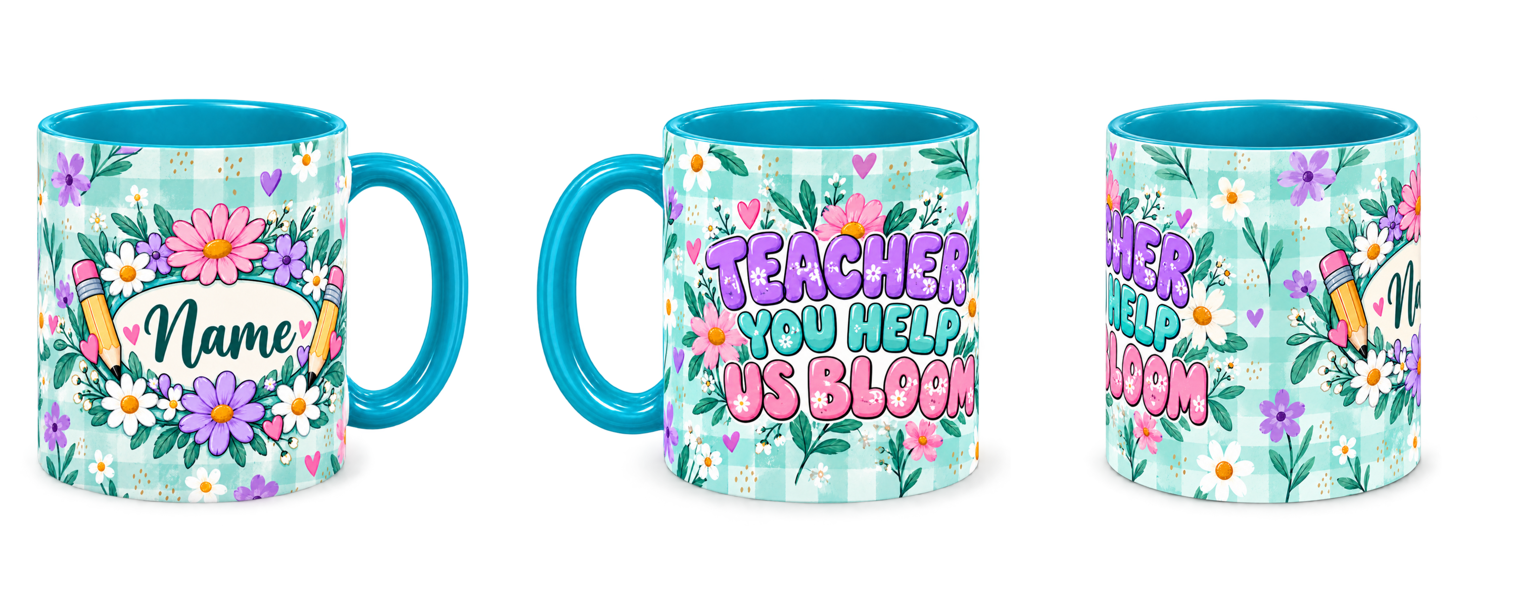 Tiffany Gingham Garden Teacher Mug, teal – right, left and centre views side by side
