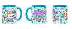 Tiffany Gingham Garden Teacher Mug, teal – right, left and centre views side by side