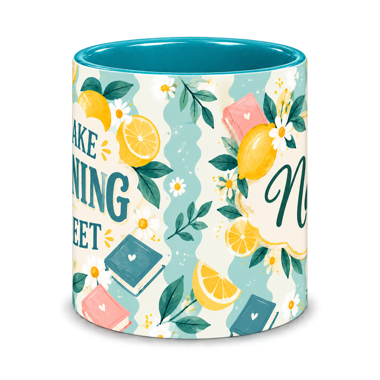 Tiffany Lemon Lessons Teacher Mug, teal – centre view of the full-wrap pattern