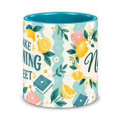 Tiffany Lemon Lessons Teacher Mug, teal – centre view of the full-wrap pattern