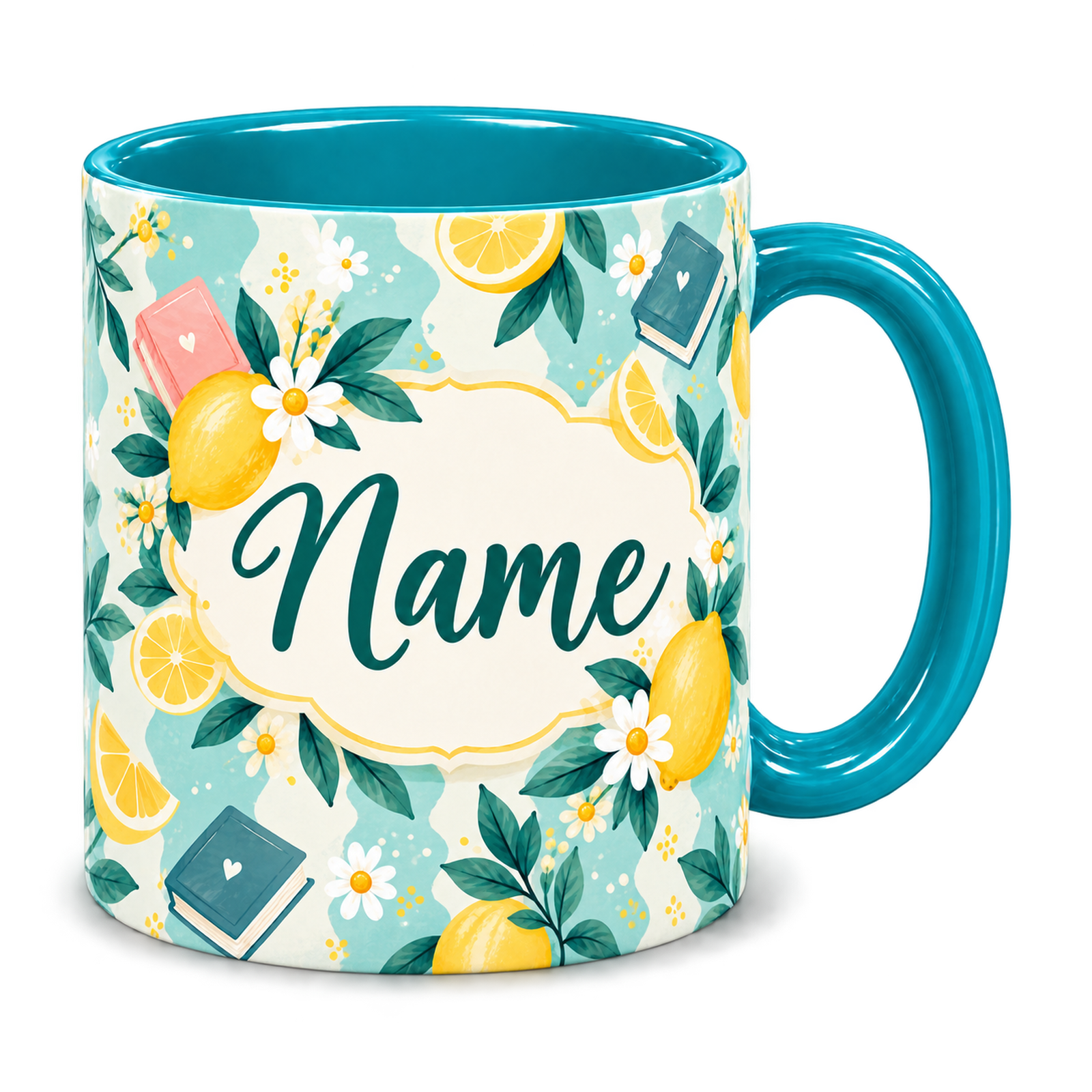 Tiffany Lemon Lessons Teacher Mug, teal – handle on the right, Name