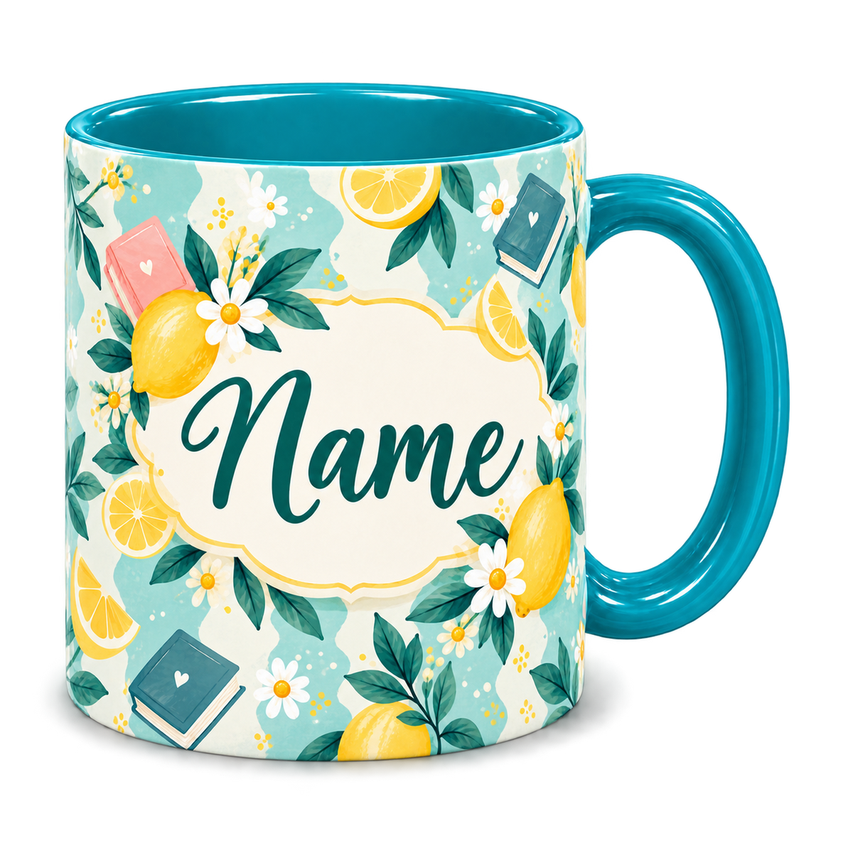Tiffany Lemon Lessons Teacher Mug, teal – handle on the right, Name