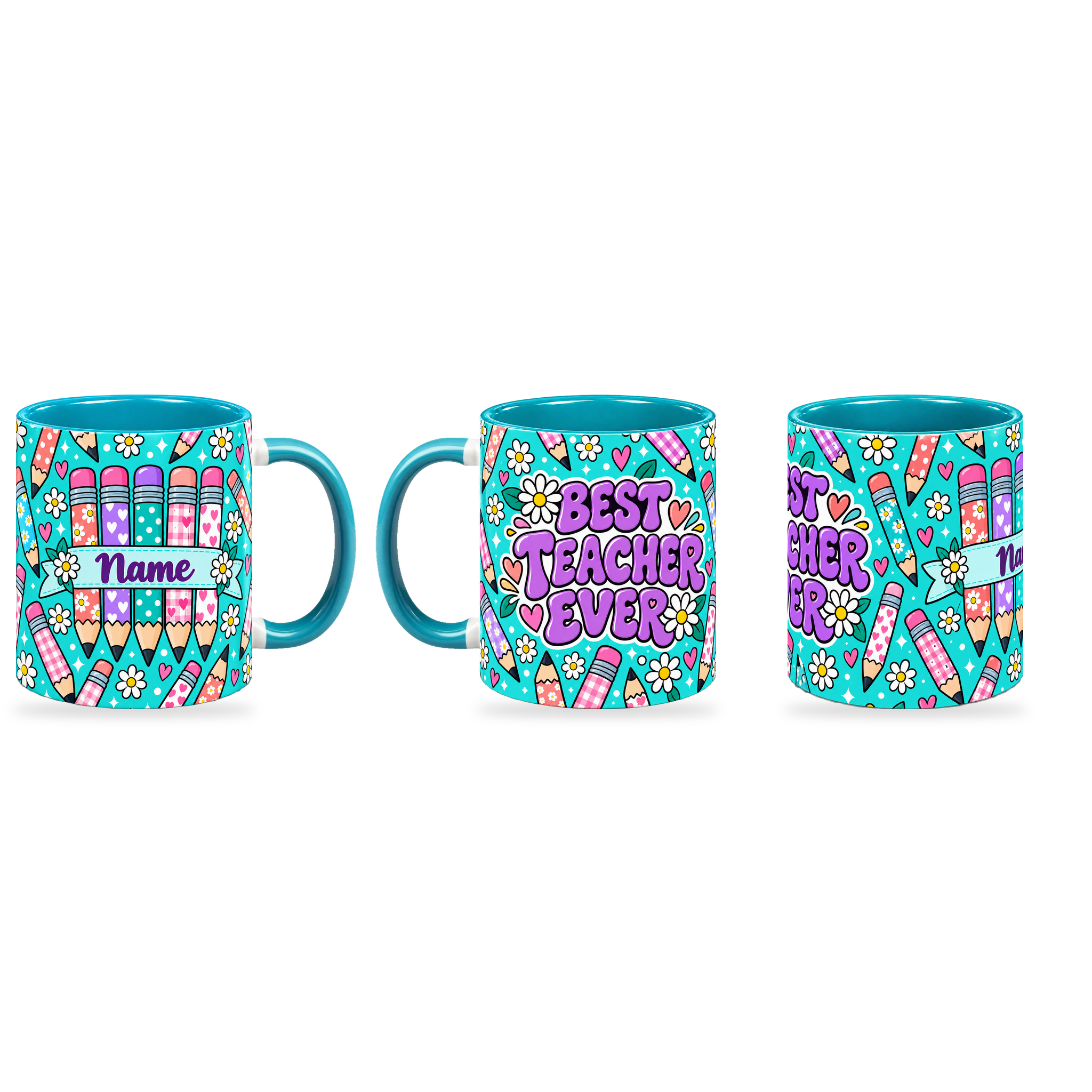 Tiffany Pencil Parade Teacher Mug – 320ml — right, left and front views together on a transparent background