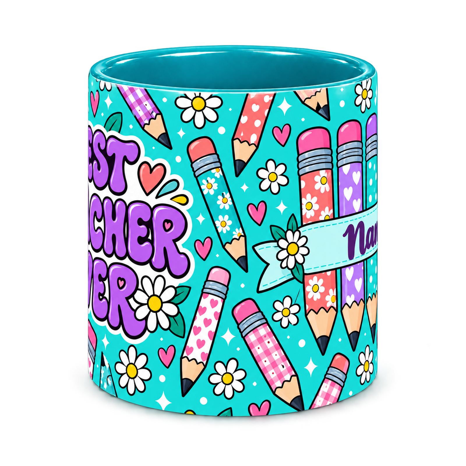 Tiffany Pencil Parade Teacher Mug, teal – centre view of the full-wrap pattern