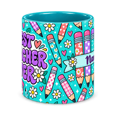 Tiffany Pencil Parade Teacher Mug, teal – centre view of the full-wrap pattern