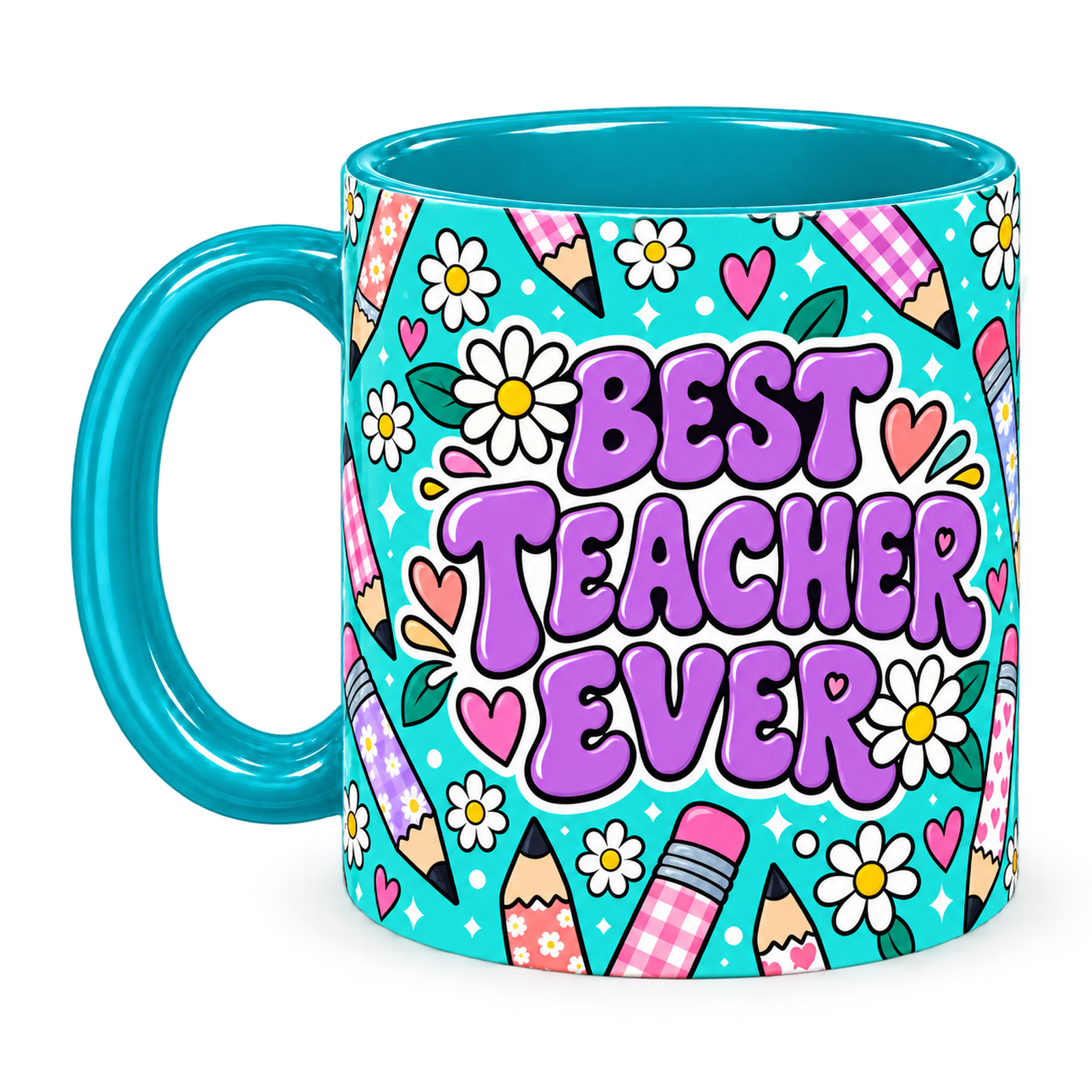 Tiffany Pencil Parade Teacher Mug, teal – handle on the left, BEST TEACHER EVER