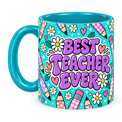 Tiffany Pencil Parade Teacher Mug, teal – handle on the left, BEST TEACHER EVER