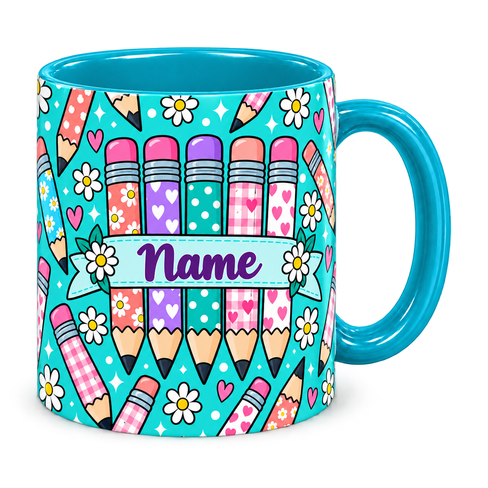 Tiffany Pencil Parade Teacher Mug, teal – handle on the right, Name