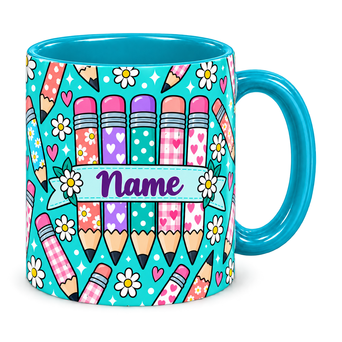 Tiffany Pencil Parade Teacher Mug, teal – handle on the right, Name