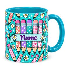 Tiffany Pencil Parade Teacher Mug, teal – handle on the right, Name