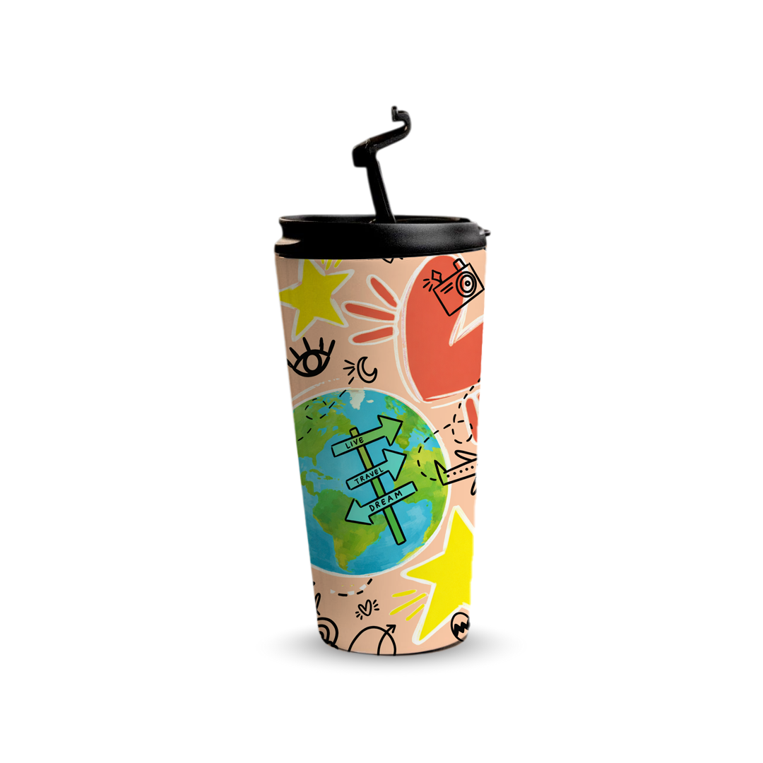 Travel Doodles 480ml Tumbler by Fann Bliss — raised drinking spout view