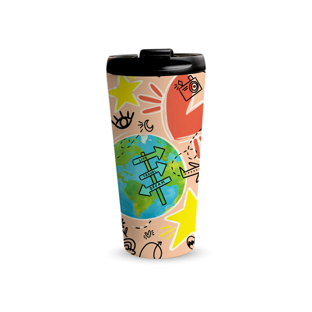 Travel Doodles 480ml Tumbler by Fann Bliss — closed black lid view